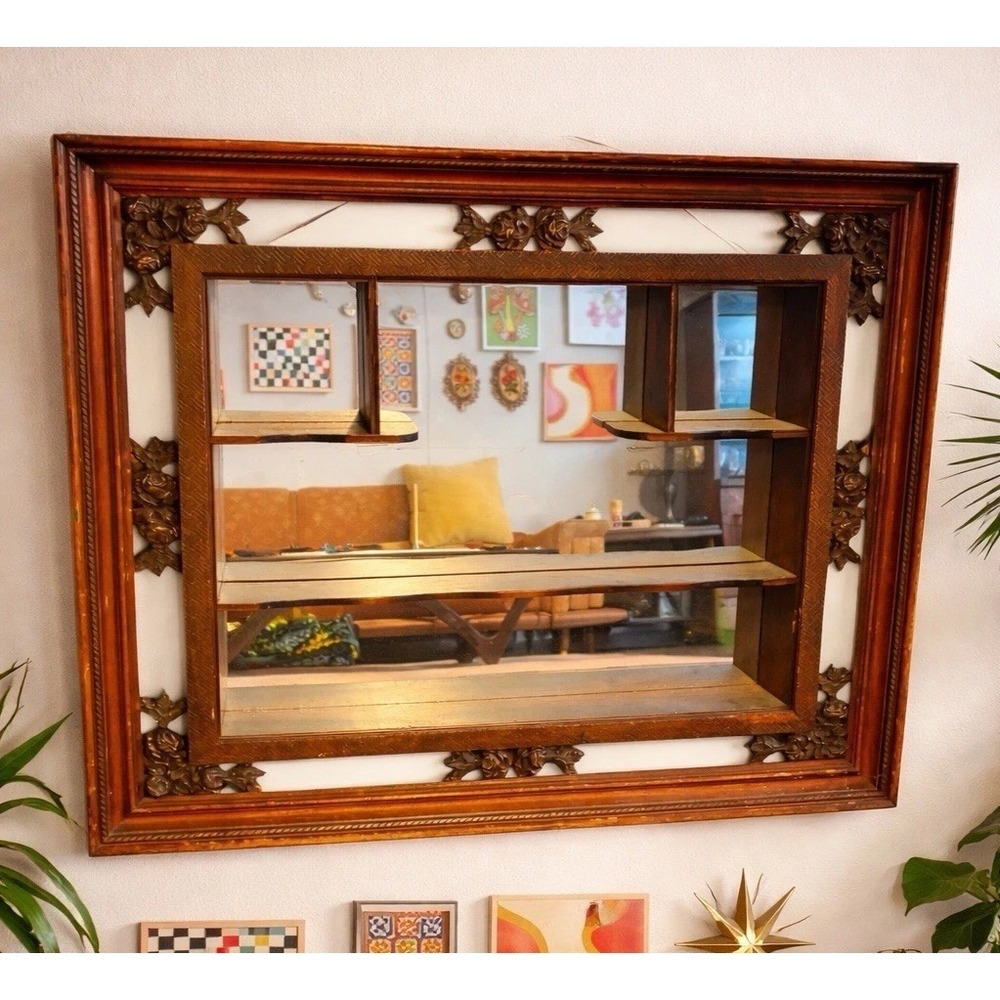 Vintage Mid Century Modern Illinois Moulding Co Shadow Box Mirror Wall Shelves